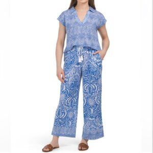 Rachel Zoe 100% Linen Tropical Blue & White Print Pants Size M Boho Ankle Light